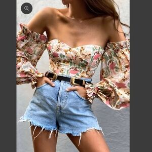 Floral Off-Shoulder Puff Sleeve Corset Top - Pink Multi